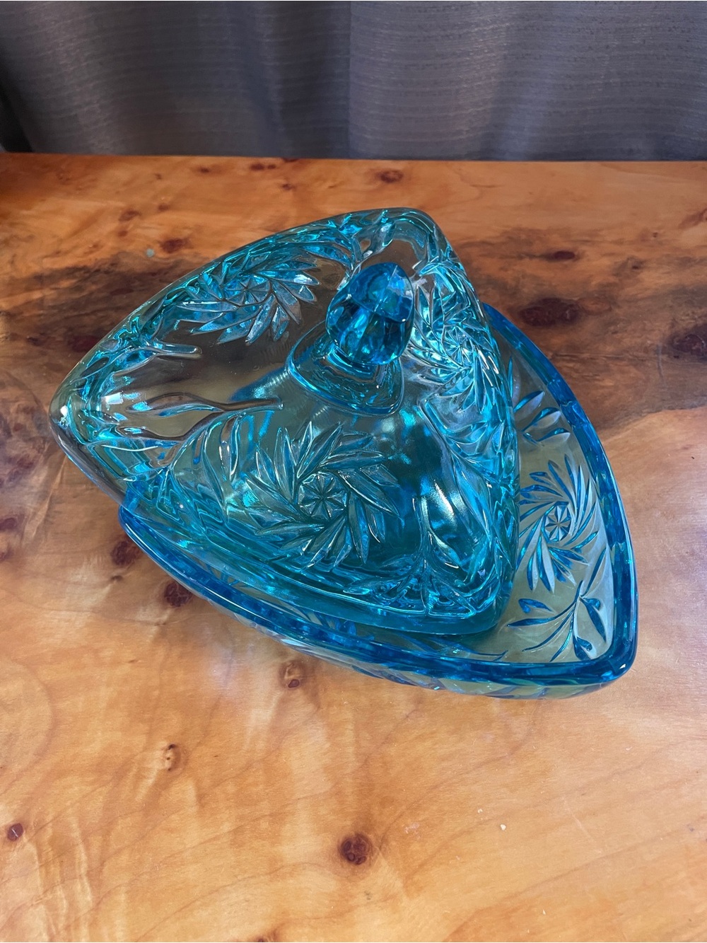 MCM Vintage HAZEL ATLAS Capri Blue Glass Pinwheel Triangle Lidded Candy Dish